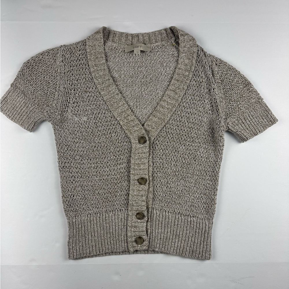 LOFT Short Sleeve Knit Button Cardigan - Taupe Heather